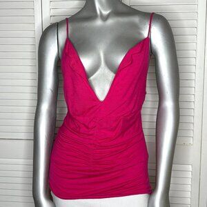 Vintage 2000s Louis Verdad Hot Pink Ruched Plunge V-Neck Tank Top S Y2K Clubwear